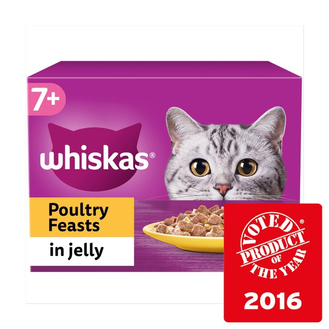 Whiskas 7+ Adult Wet Cat Food Pouches Poultry Feasts in Jelly   12 x 85g