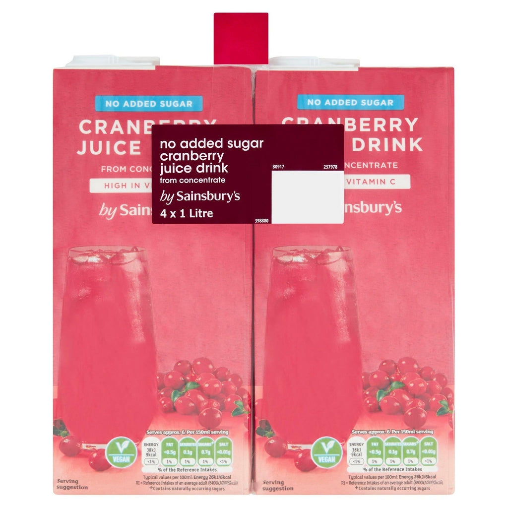 Sainsbury's Cranberry Juice Drink, No Added Sugar 4x1L