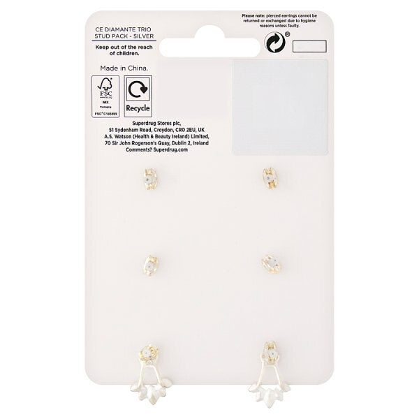 Superdrug Silver Tone Diamante Trio Stud Pack