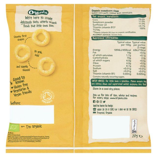 Organix Melty Sweetcorn Organic Rings Baby Snack 6 months+   20g