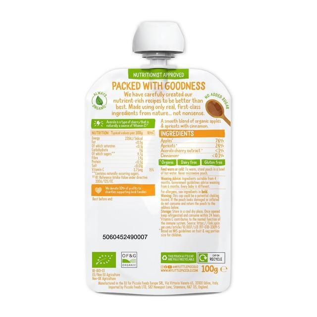 Piccolo Apple & Apricot Organic Pouch 4 mths+   100g