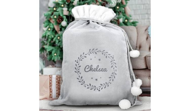 Personalised Message Grey Holly Christmas Sack