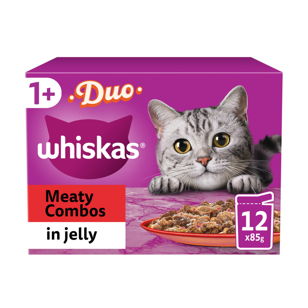 Whiskas 1+ Duo Meaty Combos Adult Wet Cat Food Pouches in Jelly 12x85g