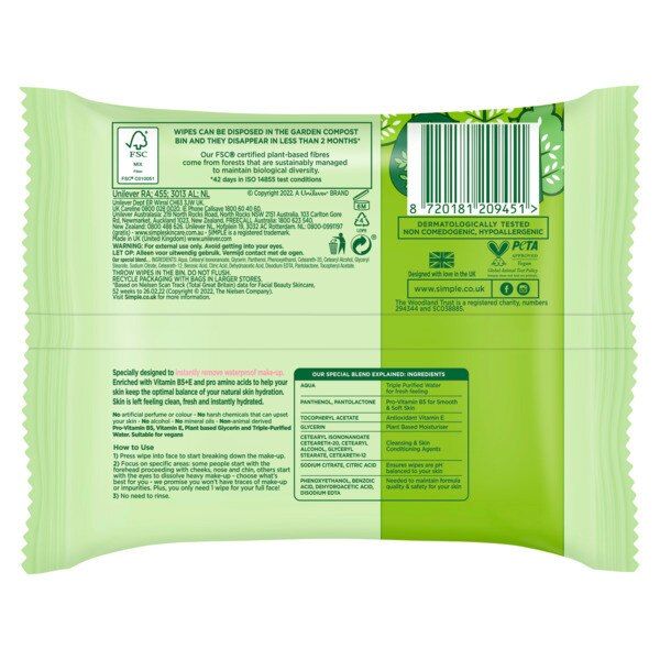 Simple Kind To Skin Cleansing Wipes Biodegradable 50 Pc