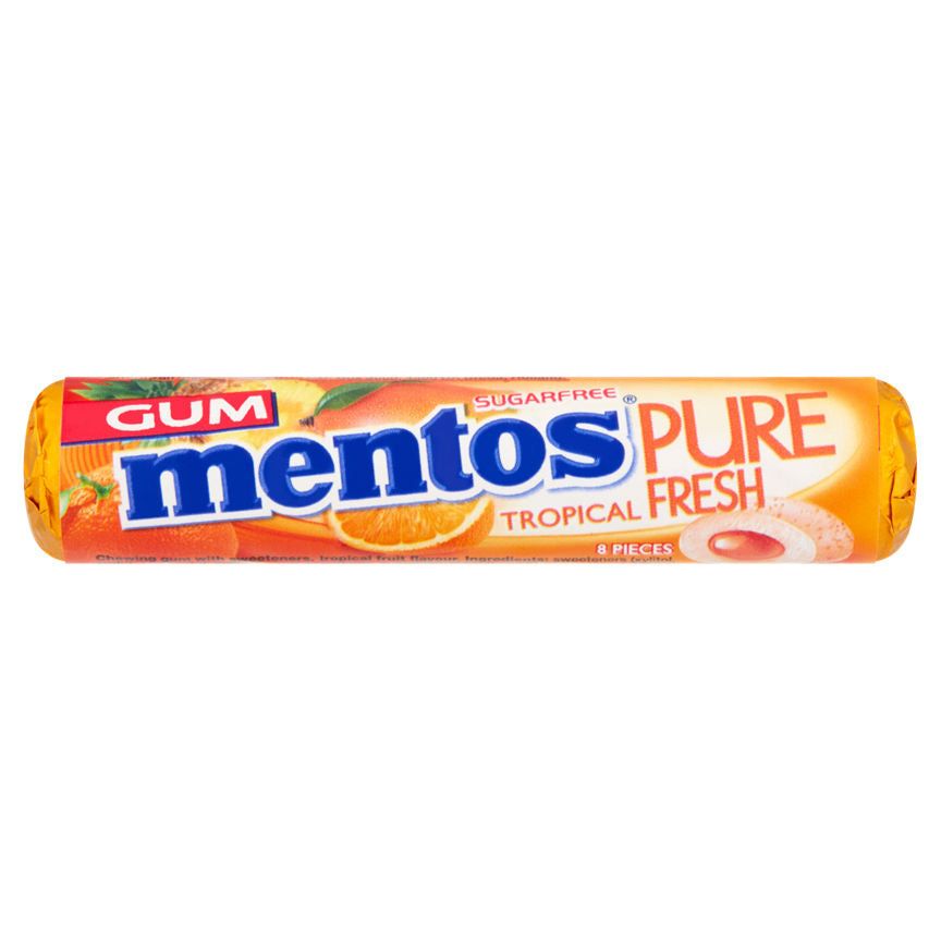 Mentos Gum Pure Fresh Tropical Sugar Free Chewing Gum Roll 8 Pieces