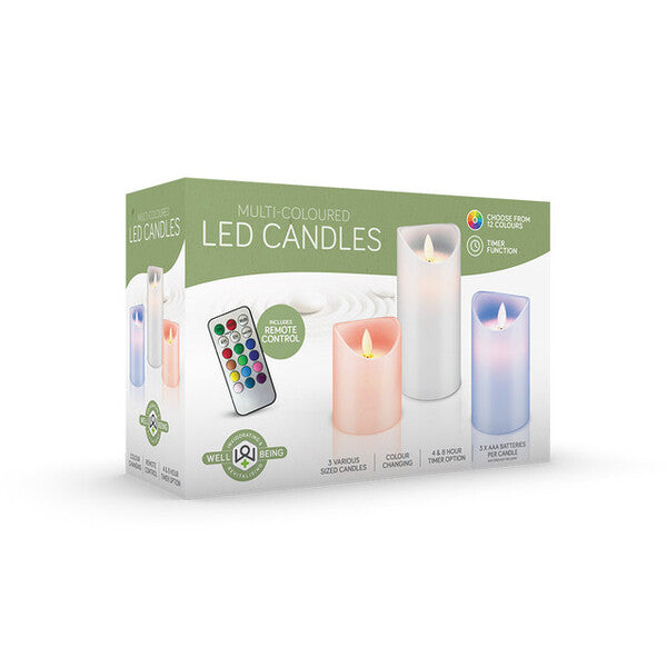 Wellbeing Remote Control Multicolour Candles (Set of 3)