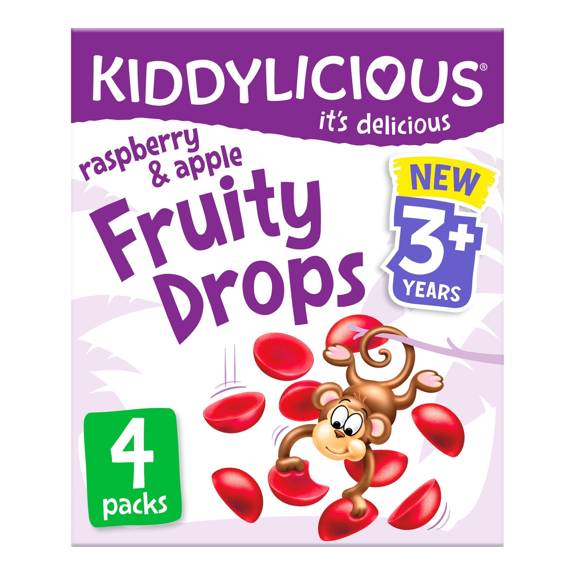 Kiddylicious Raspberry &amp; Apple Fruity Drops Kids Snacks 4x16g