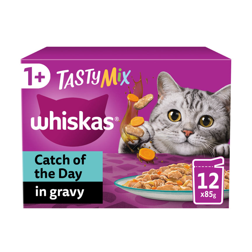 Whiskas 1+ Catch of the Day Mix Adult Wet Cat Food Pouches in Gravy 12 x 85g