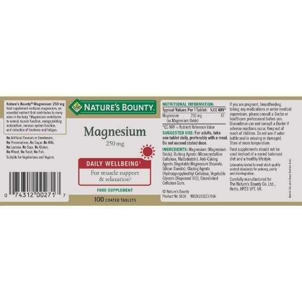 Nature's Bounty Magnesium 250 mg Tablets - Pack of 100 GOODS Superdrug   