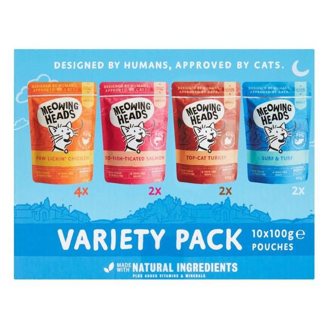 Meowing Heads Adult Cat Food Wet Pouches Variety Pack   10 x 100g