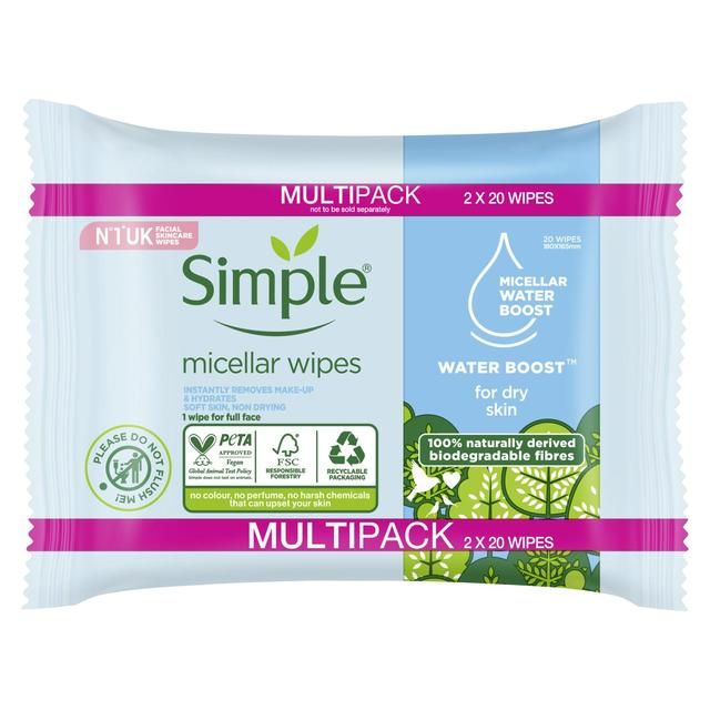 Simple Kind to Skin Micellar Biodegradable Cleansing Wipes   2 x 20 per pack