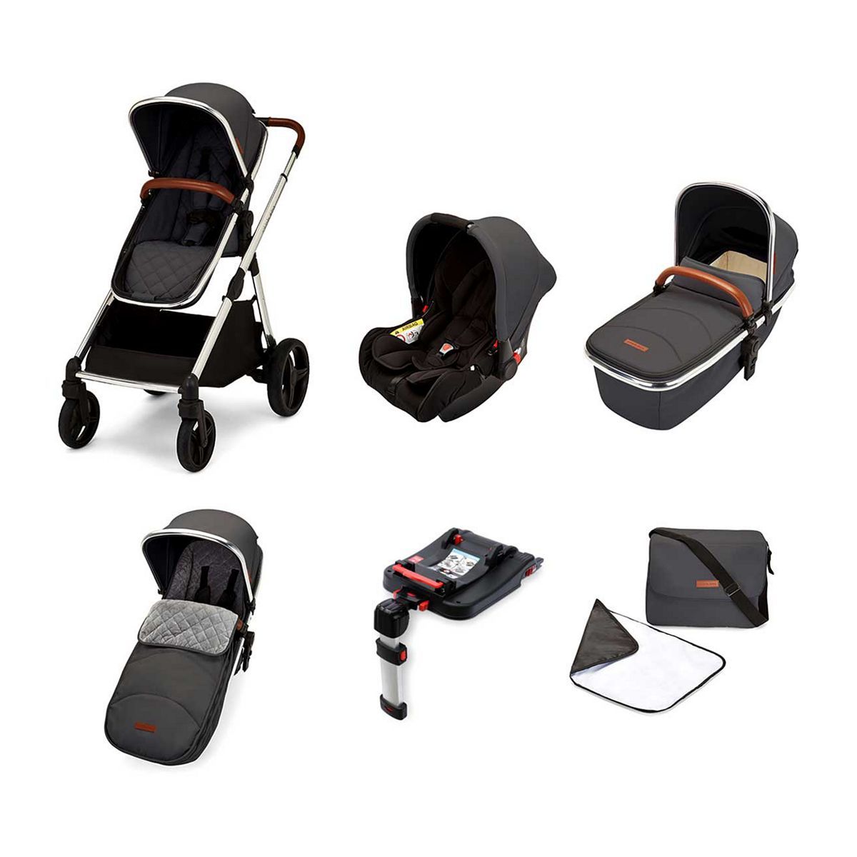 Ickle Bubba Eclipse travel system with galaxy car seat and isofix base chrome/graphite grey/tan