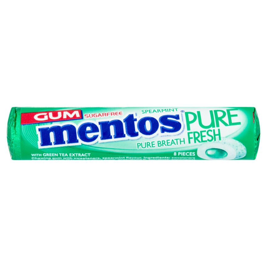 Mentos Gum Pure Fresh Spearmint Sugar Free Chewing Gum Roll 8 Pieces