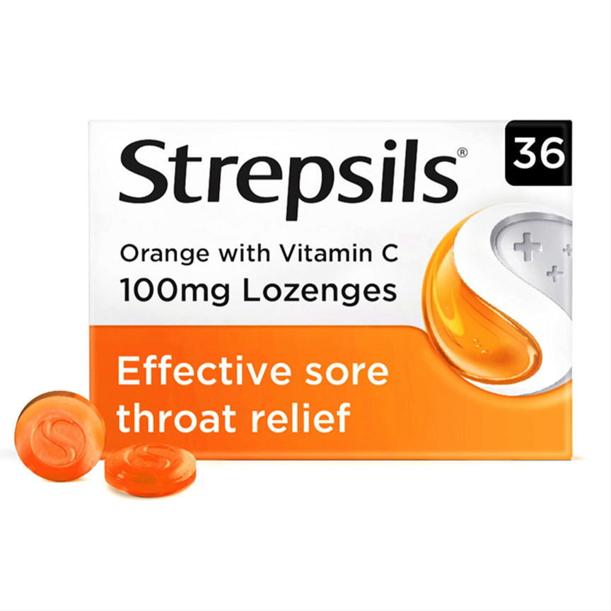 Strepsils Orange and Vitamin C Lozenges for Sore Throat x36