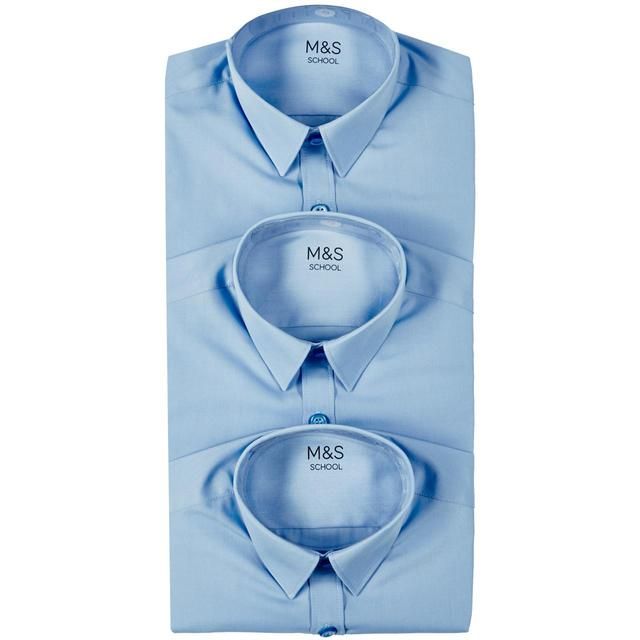 M&S 3pk Regular Fit Easy Iron Shirts 3-14 Years Blue