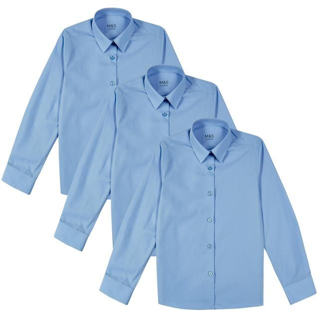 M&S Slim Fit Easy Iron Blouses 3 Pack 3-14 Years Blue GOODS M&S   