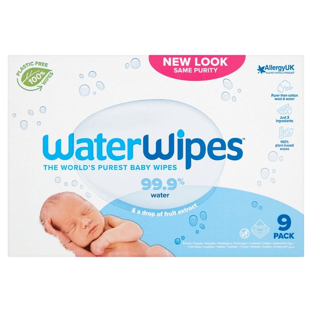 WaterWipes Baby Wipes Sensitive Newborn Plastic Free Wipes 540 Wipes    9 x 60 per pack