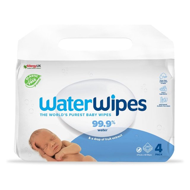 WaterWipes Baby Wipes Sensitive Newborn Plastic Free Wipes 240 Wipes   4 x 60 per pack