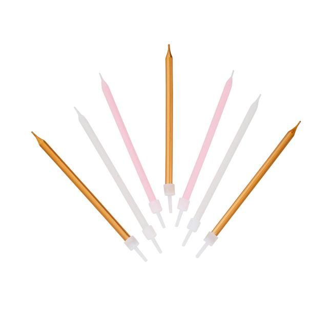 Pink White & Gold Birthday Candles   16 per pack