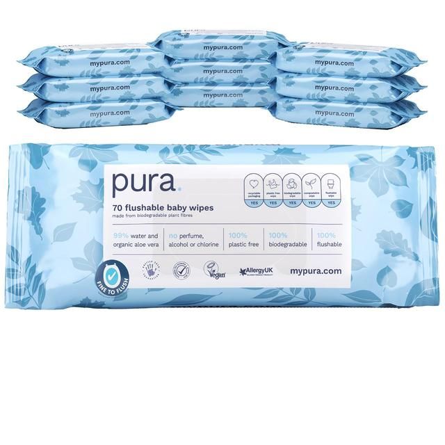 Pura Flushable Eco Baby Wipes Multipack   10 x 70 per pack