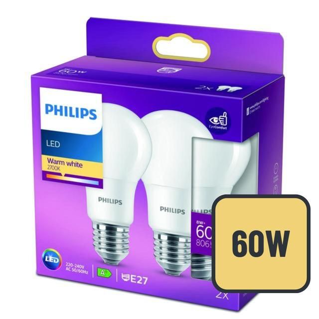 Philips LED Classic Frosted 60W A60 Light Bulb E27 Warm White    2 per pack GOODS M&S   