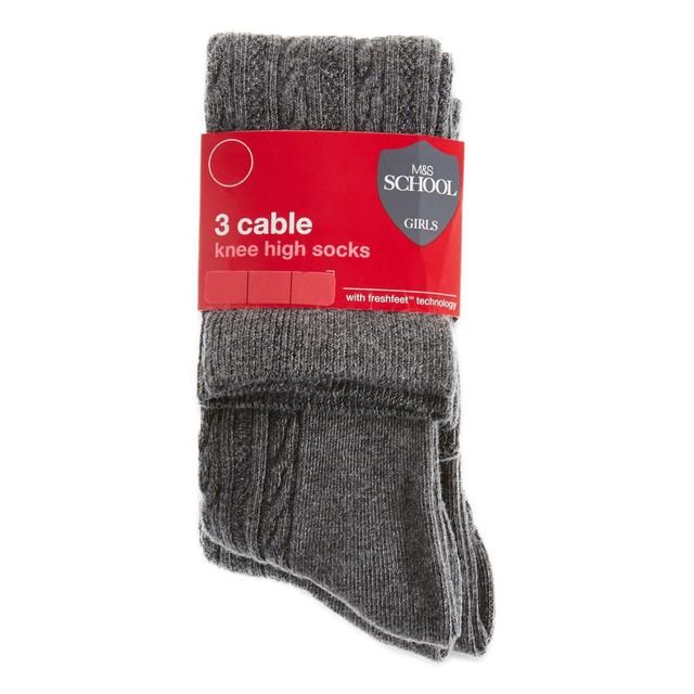 M&S Cable Knee High Socks Grey Marl 6-8    3 per pack