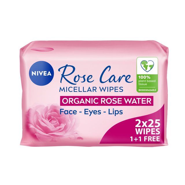 NIVEA Rose Care Biodegradable Micellar Face Wipes with Organic Rose Water   2 x 25 per pack