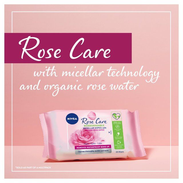 NIVEA Rose Care Biodegradable Micellar Face Wipes with Organic Rose Water   2 x 25 per pack