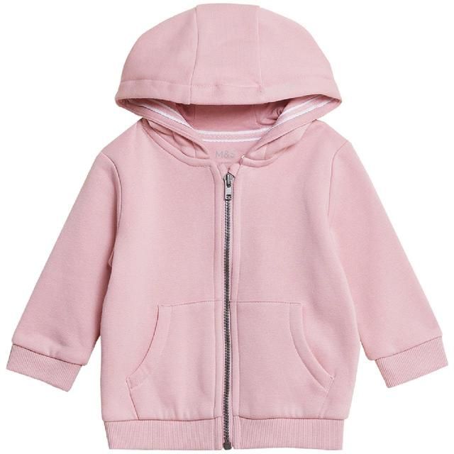 M&S Pink Cotton Zip Through Plain Hoody 0-3 Years