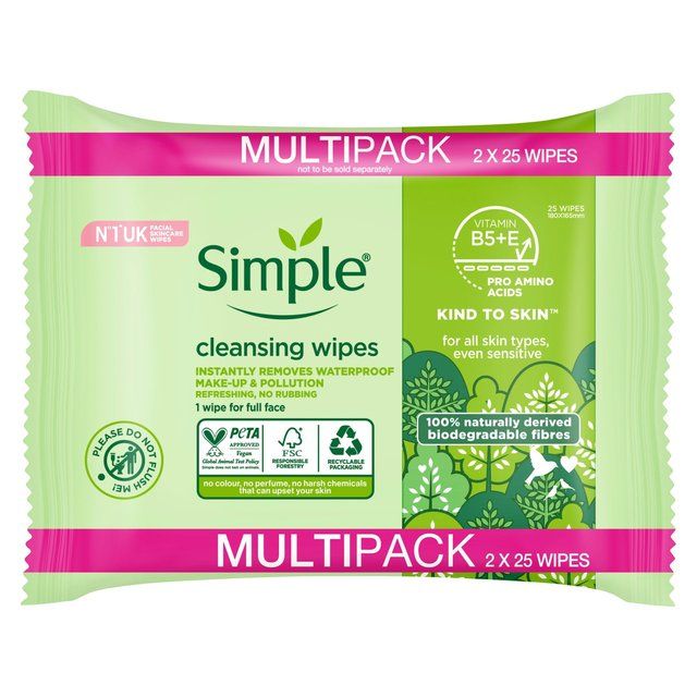 Simple Kind to Skin Biodegradable Face Wipes   2 x 25 per pack GOODS M&S   