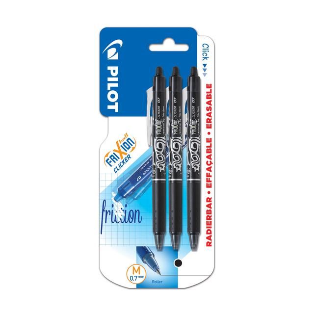 Pilot FriXion Clicker Erasable Ink Rollerball Pen 07 Medium - Black   3 per pack