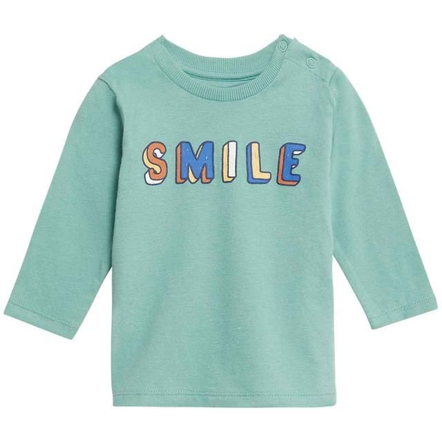 M&S Cotton Smile Slogan Top 6-9 M Sage