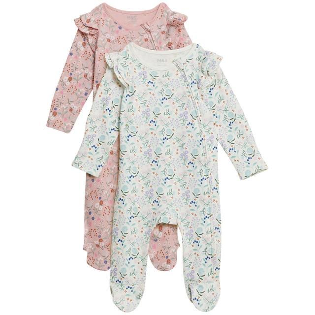 M&S 2pk Pure Cotton Floral Frill Sleepsuits 18-24 Months Pink Mix   2 x 1 per pack GOODS M&S   