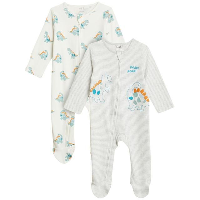 M&S Collection 2 Pack Pure Cotton Dinosaur Sleepsuits Grey Mix 0-3 Years