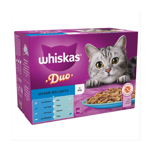 Whiskas 1+ Adult Wet Cat Food Pouches Ocean Delight in Jelly   12 x 85g