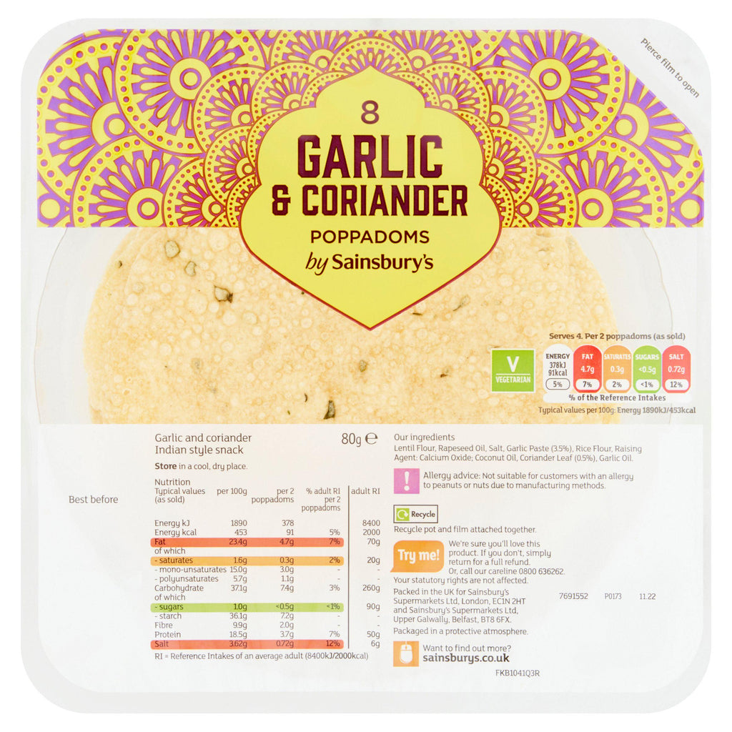 Sainsbury's Garlic & Coriander Poppadoms 80g