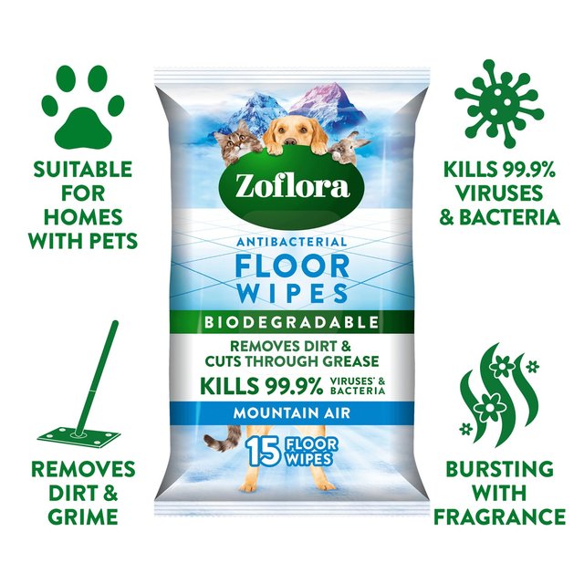 Zoflora Mountain Air Large Floor Wipes Pet Friendly   15 per pack GOODS M&S   