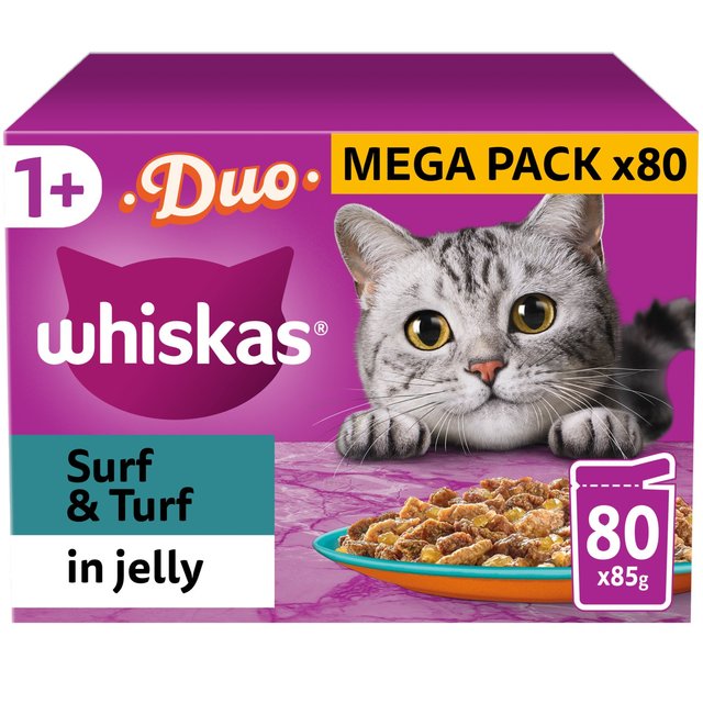 Whiskas 1+ Adult Wet Cat Food Pouches Surf & Turf Duo in Jelly   80 x 85g GOODS M&S   