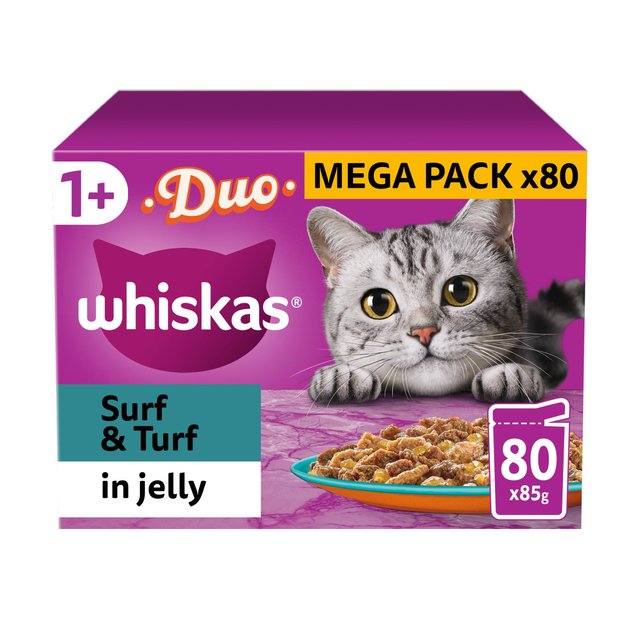 Whiskas 1+ Adult Wet Cat Food Pouches Surf & Turf Duo in Jelly   80 x 85g GOODS M&S   