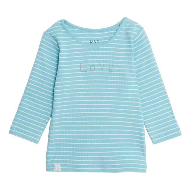 M&S Love Stripe Long Sleeve Tee 0-12 Months Turquoise Mix GOODS M&S   