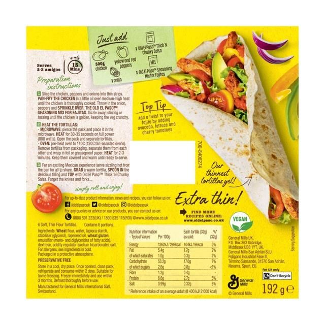 Old El Paso Large Extra Thin Tortilla Wraps   6 per pack