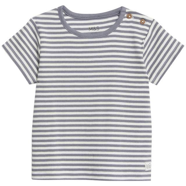 M&S Collection Cotton Rich Striped T-Shirt 0-12 Months Medium Grey