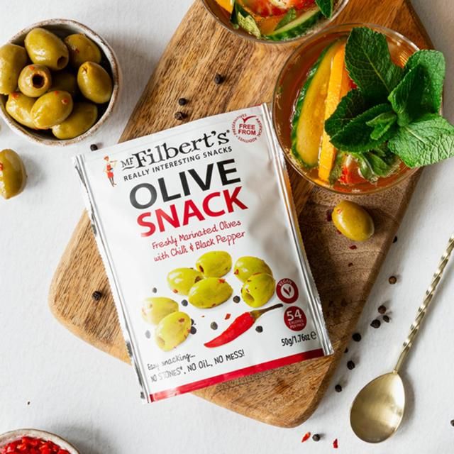 Mr Filberts Olive Snacks Green Olives with Chilli & Black Pepper   50g GOODS M&S   