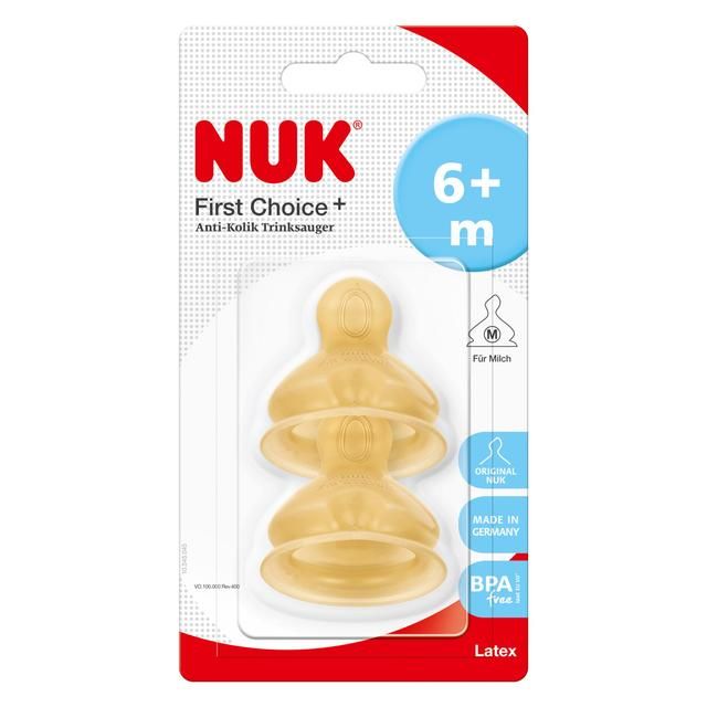 NUK First Choice+ Bottle Teat 6-18 Months Latex with Medium Feed Hole 2   2 per pack GOODS M&S   