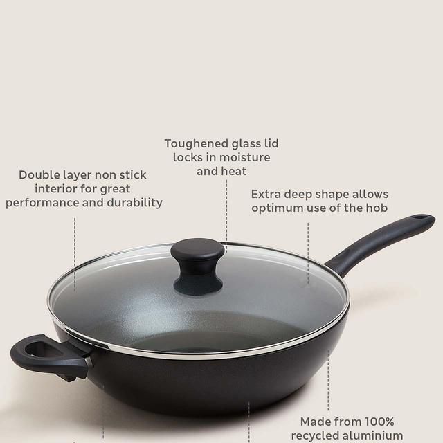 M&S Collection Aluminium 30cm Large Non-Stick Wok One Size Black GOODS M&S   