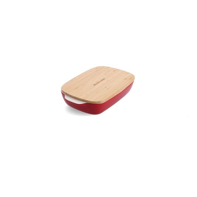 KitchenAid Empire Red Medium 26cm Stoneware Dish with Bamboo Lid