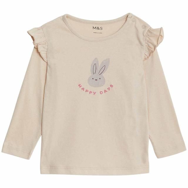 M&S Cotton Cream Bunny Frill Sleeve Top 0 Months-3 Years