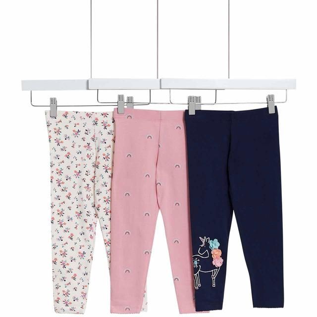 M&S Cotton Rich Unicorn Leggings 3 Pack 2-7 Years Pink GOODS M&S   