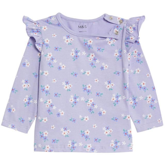 M&S Cotton Floral Long Sleeve Top 0 Months-3 Years Purple GOODS M&S   