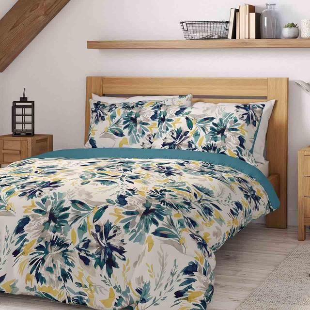 M&S Pure Cotton Watercolour Floral Bedding Set Teal GOODS M&S   